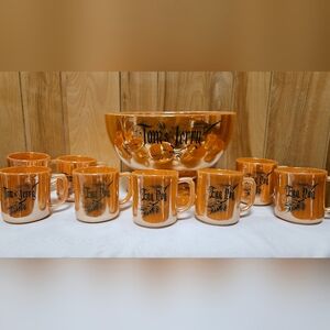 Vintage Tom & Jerry Lusterware Carnival Glass Bowl Set 8 Cups Christmas Egg Nog